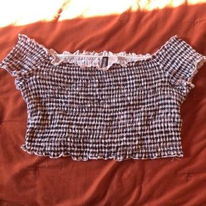 Plaid smocked off the shoulder top